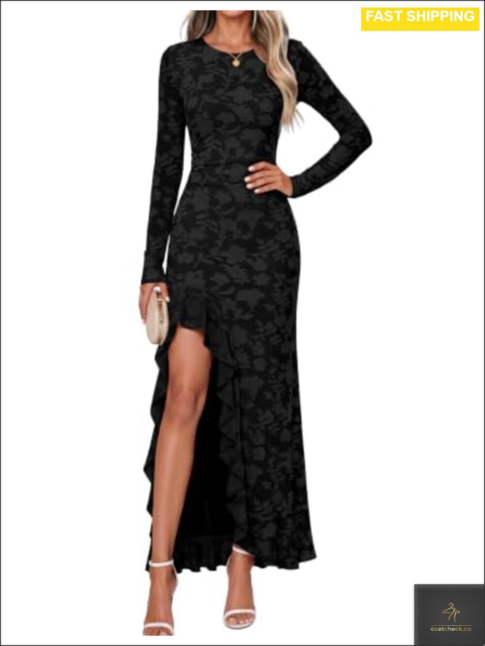 Formal Long Sleeve Floral Maxi Dress Ruffle Slit Wedding Guest
